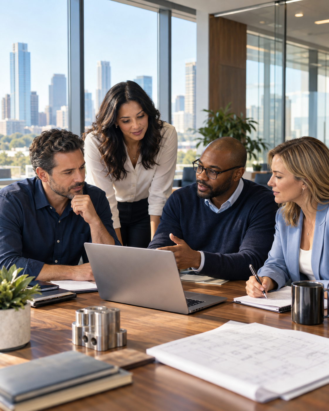 A cross-functional professional team collaborating in a modern workplace